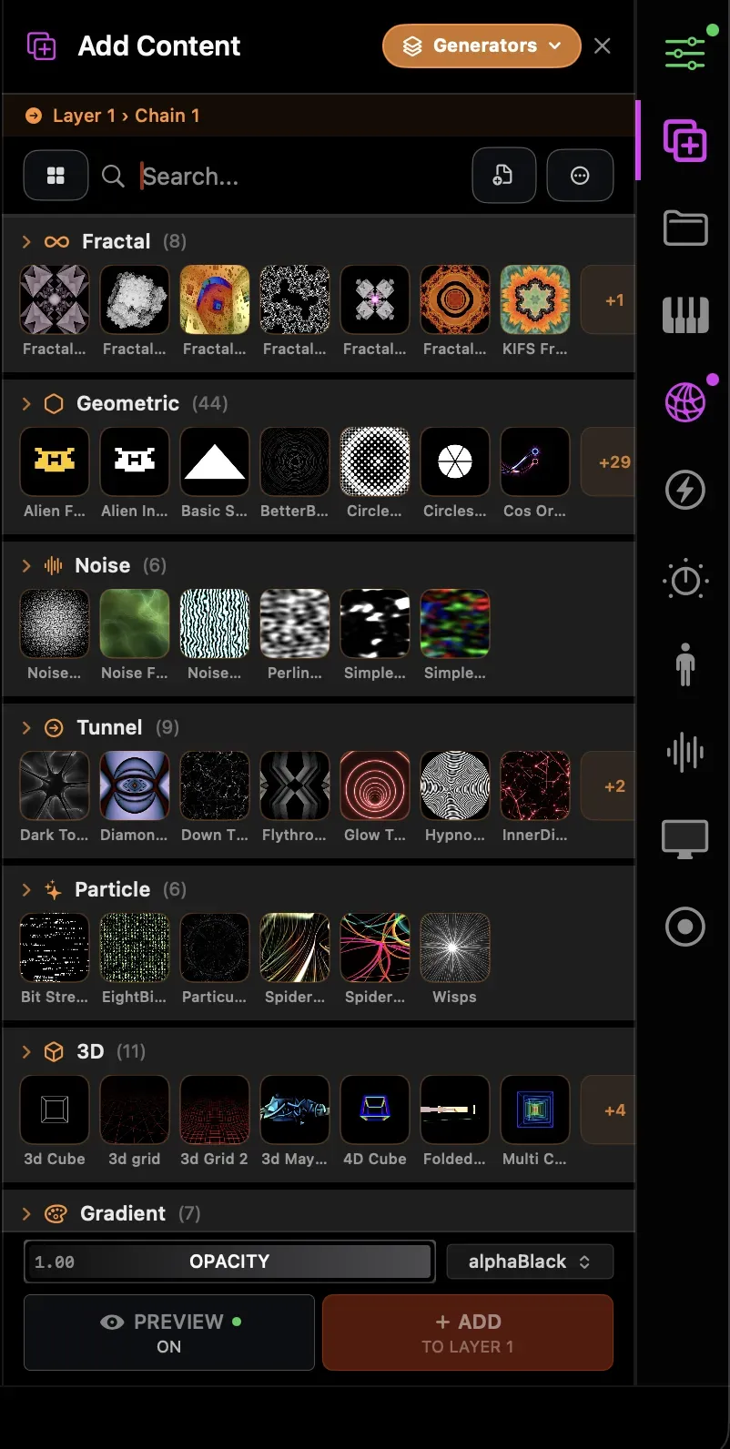 Add Content browser showing generator categories