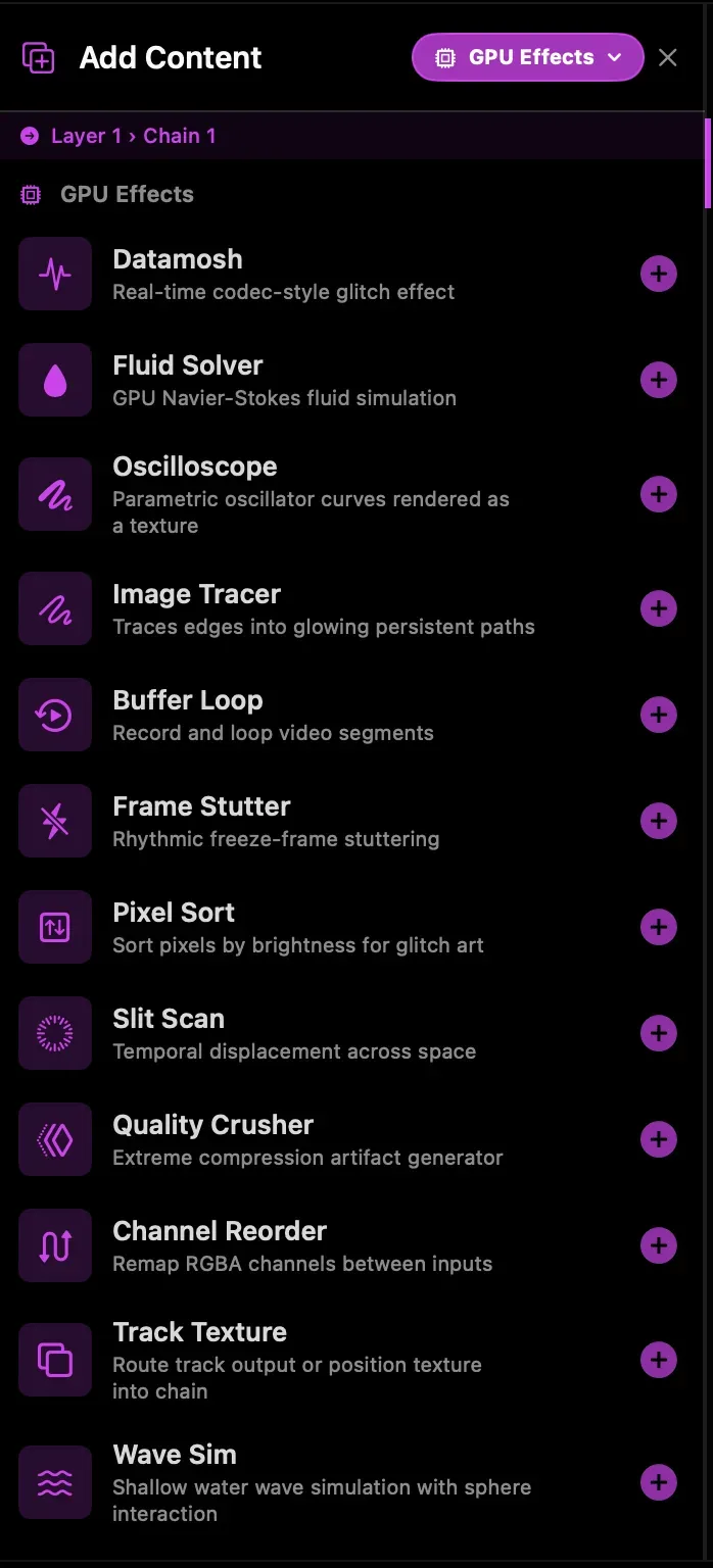 GPU Effects list in the Add Content browser