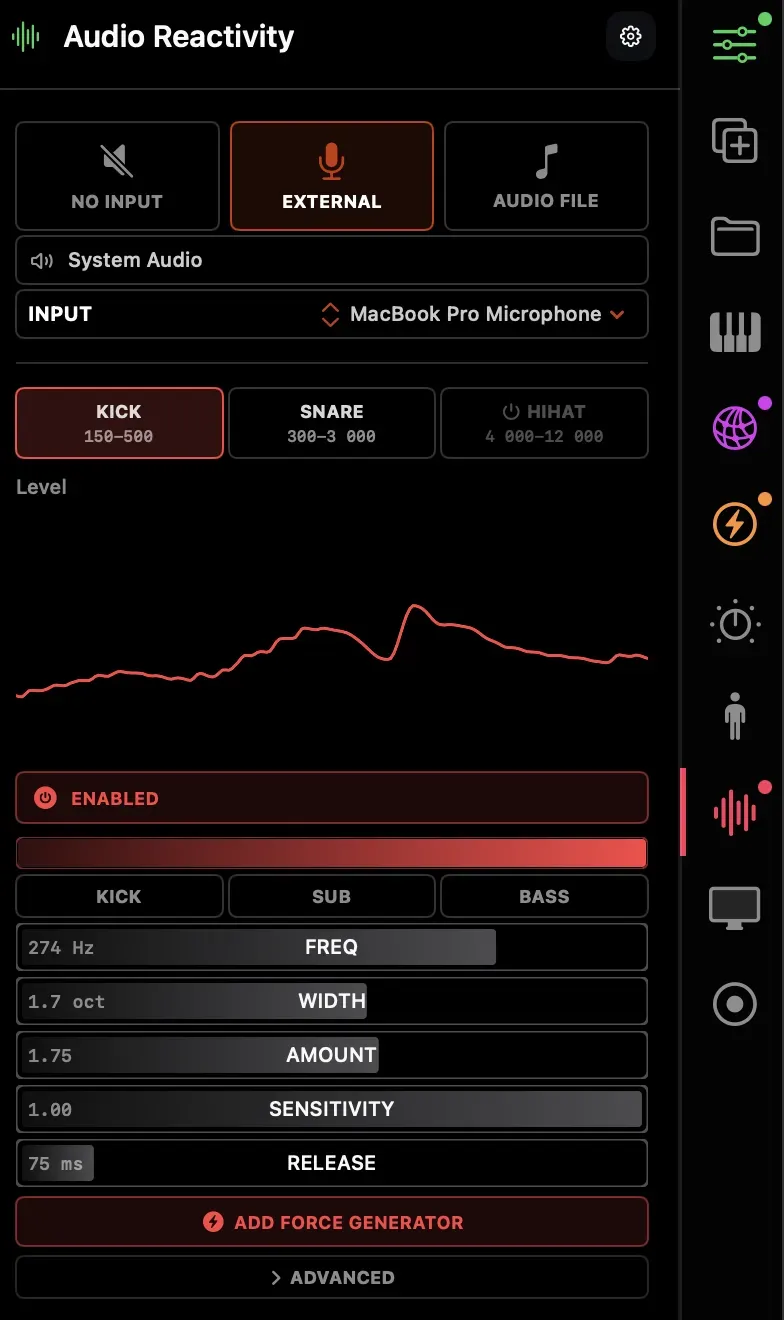 Audio Reactivity panel with frequency band controls