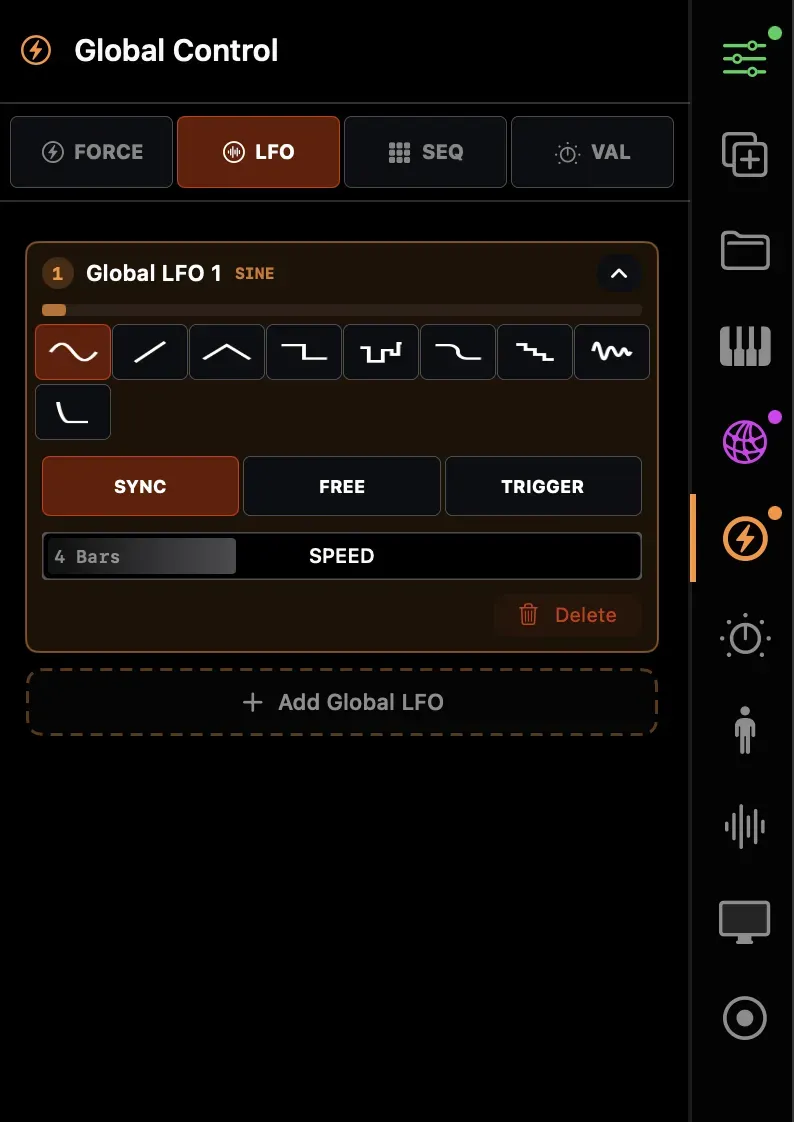 Global LFO panel with waveform selector and sync controls