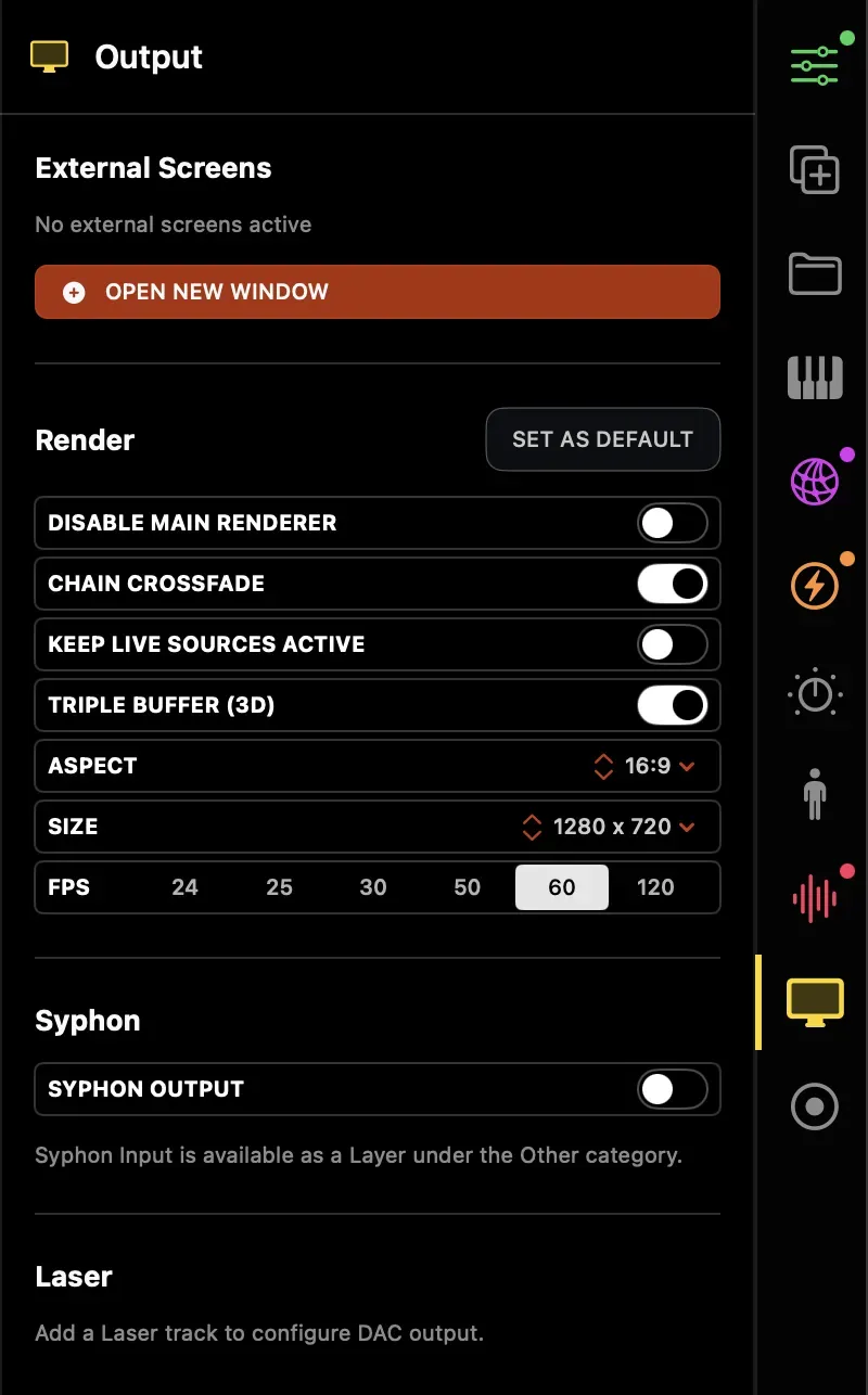 Output panel showing render settings and Syphon toggle