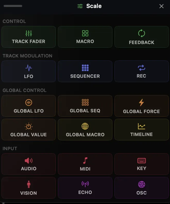 Modulation source picker showing all available sources