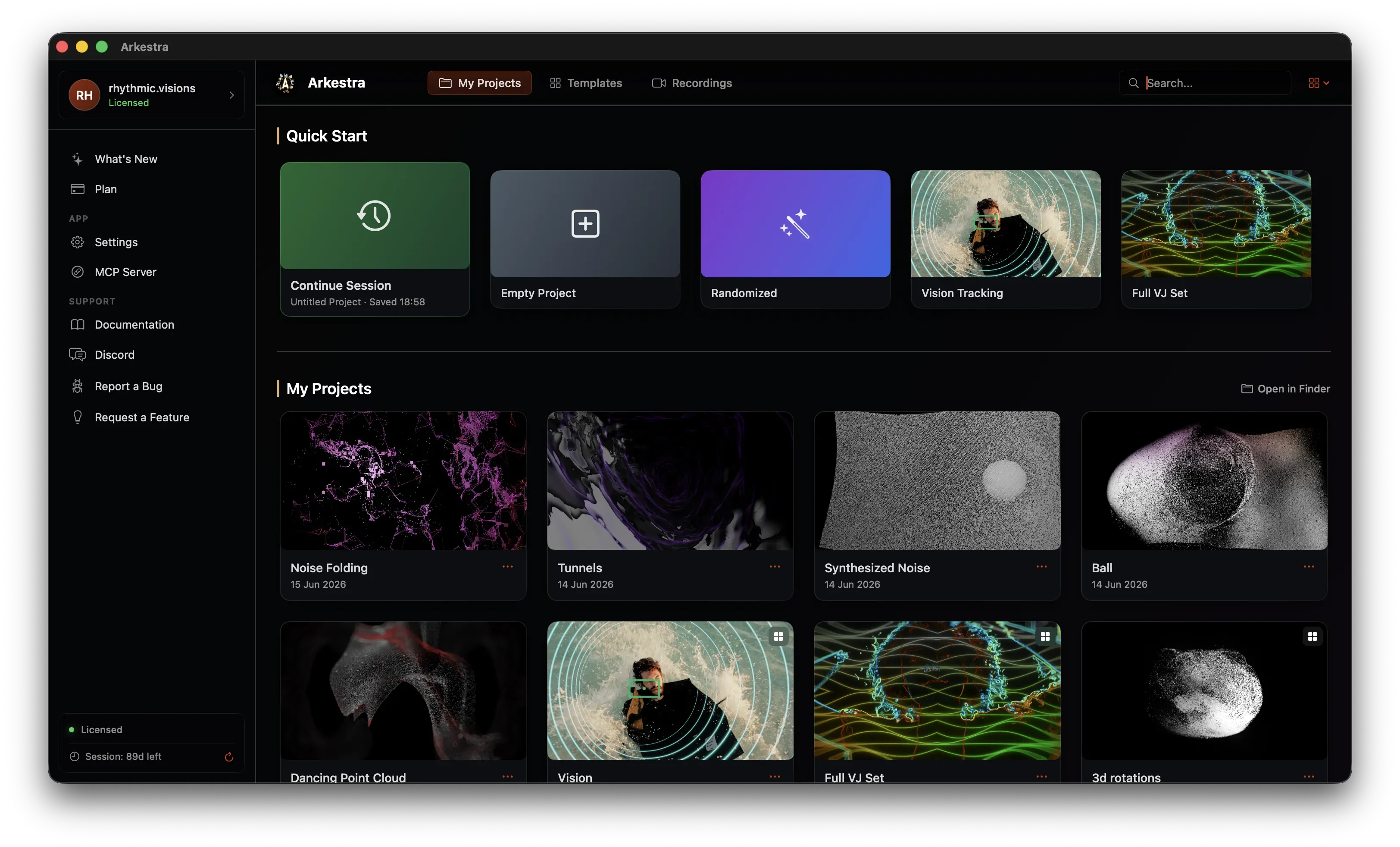 Arkestra start page showing Quick Start and recent projects