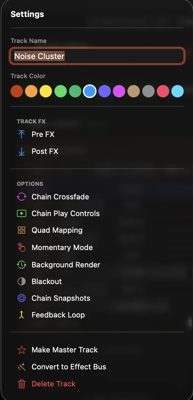 Track settings popover with name, color, and options
